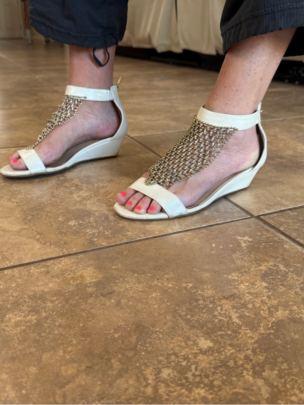 Thalia Sodi Rhinestone Chain Wedge Sandals Size 8 Dressy Cream Heels